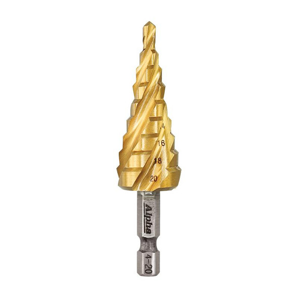 ALPHA SPIRAL STEP DRILL 1/4 INCH HEX SHANK 4-20MM