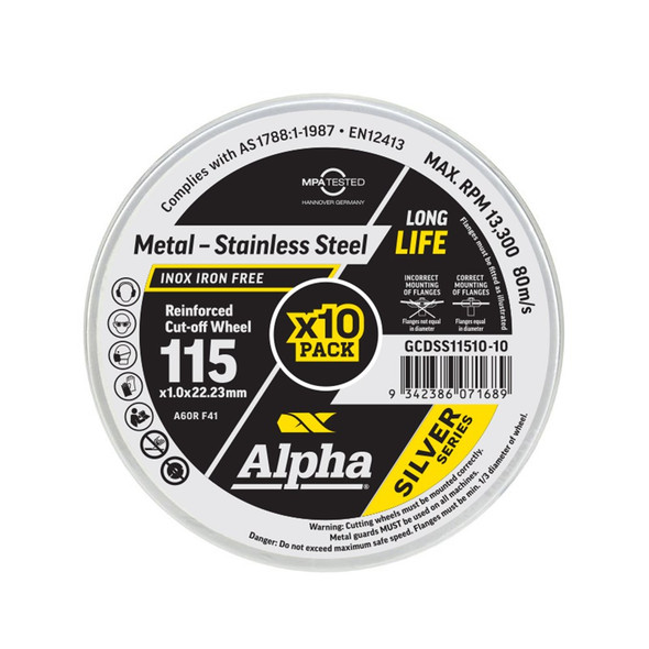 ALPHA 115 X 1.0MM CUTTING DISC STAINLESS SILVER SERIES (TIN OF 10)