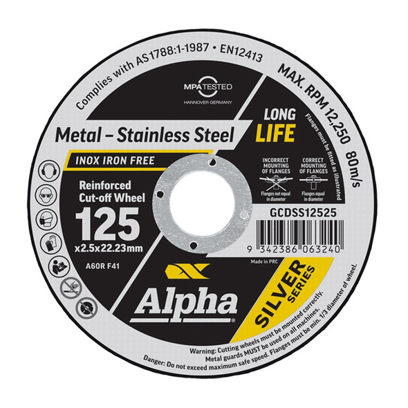 ALPHA 125 X 2.5MM CUTTING DISC STAINLESS SILVER SERIES