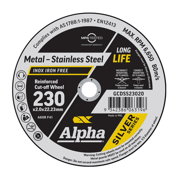 ALPHA 230 X 2.0MM CUTTING DISC STAINLESS SILVER SERIES