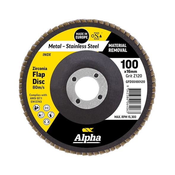 ALPHA ZIRCONIA FLAP DISC INOX STAINLESS 100MM X 120 GRIT