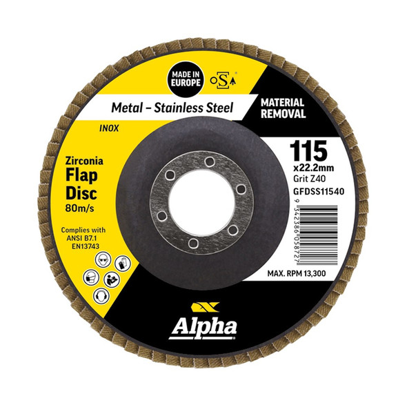 ALPHA ZIRCONIA FLAP DISC INOX STAINLESS 115MM X 40 GRIT