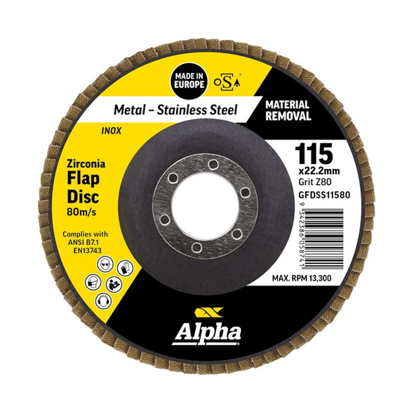 ALPHA ZIRCONIA FLAP DISC INOX STAINLESS 115MM X 80 GRIT